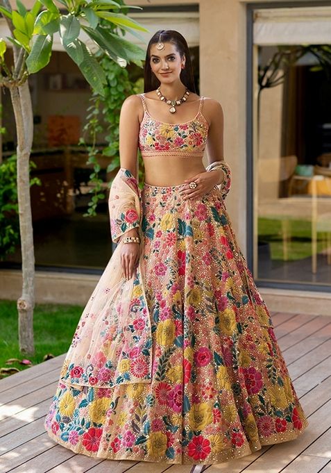 Multicolor Embroidered Georgette Lehenga Set