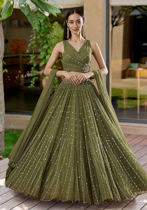 Olive Green Embroidered Georgette Lehenga Set