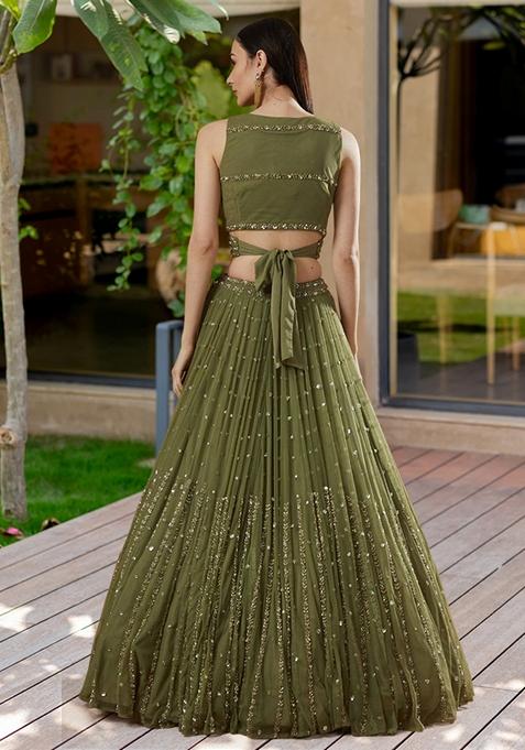 Olive Green Embroidered Georgette Lehenga Set