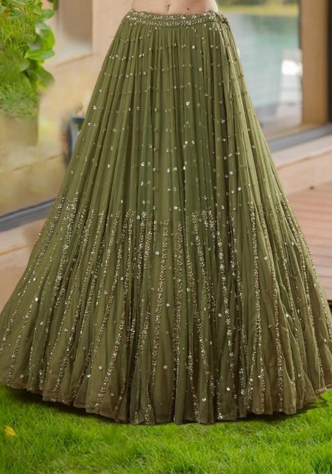 Olive Green Embroidered Georgette Lehenga Set