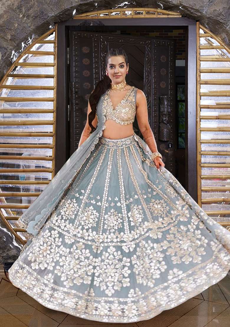Grey Embroidered Net Lehenga Set for Diwali and Festive Wear - Indya