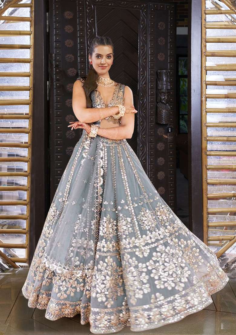 Grey Embroidered Net Lehenga Set for Diwali and Festive Wear - Indya