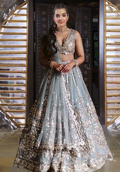 Grey Embroidered Net Lehenga Set