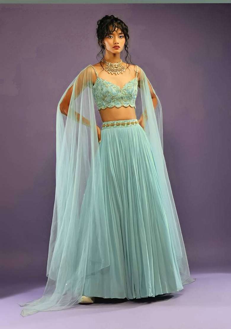 Turquoise Faux Georgette Lehenga Set with Embroidered for Diwali | Wedding & Festive Wear - Indya