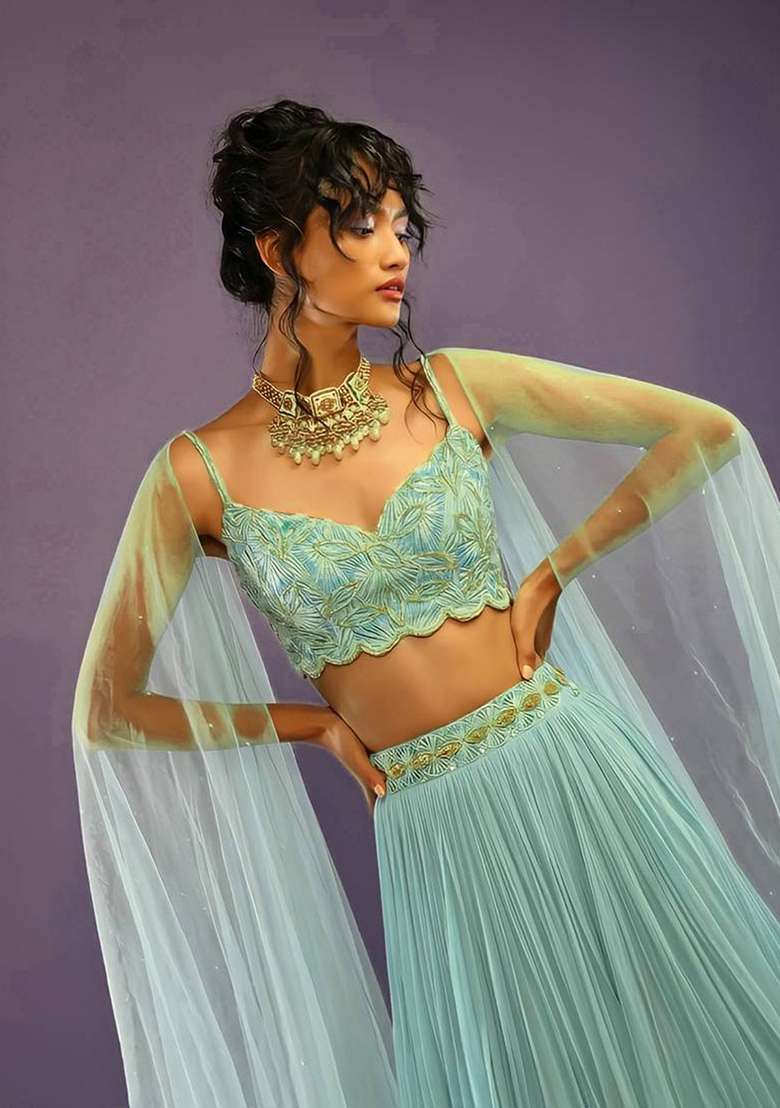 Turquoise Faux Georgette Lehenga Set with Embroidered for Diwali | Wedding & Festive Wear - Indya