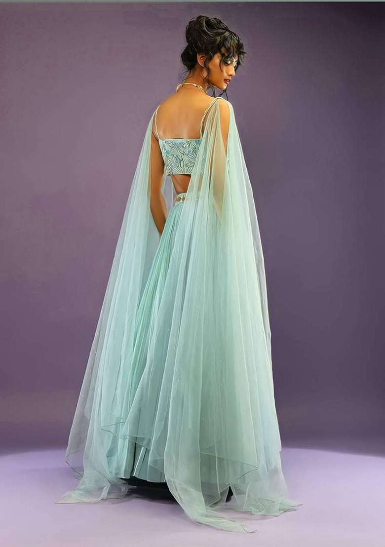 Turquoise Faux Georgette Lehenga Set with Embroidered for Diwali | Wedding & Festive Wear - Indya