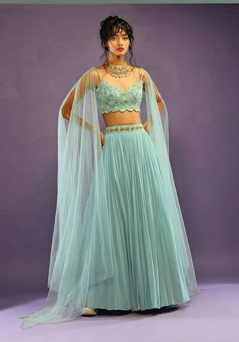 Turquoise Embroidered Faux Georgette Lehenga Set