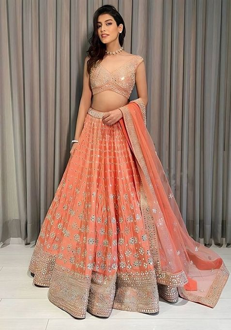 Orange Embroidered Silk Lehenga Set