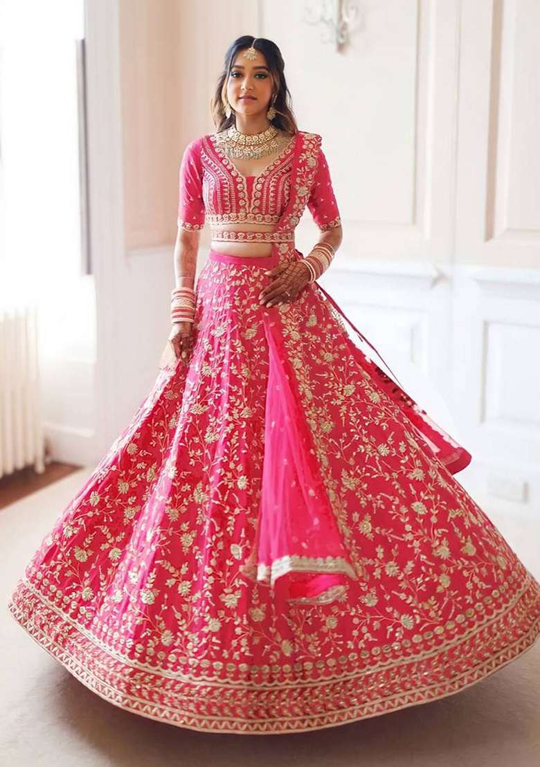 Pink Malai Blend Satin Silk Lehenga Set with Embroidered for Diwali | Wedding & Festive Wear - Indya