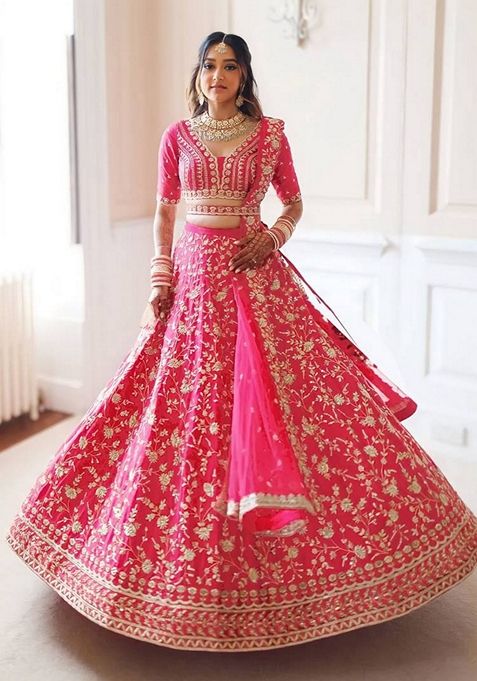 Pink Embroidered Malai Satin Silk Lehenga Set