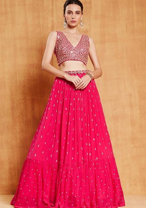 Rani Pink Embroidered Faux Georgette Lehenga Set