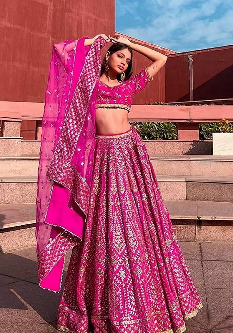 Rani Pink Embroidered Malai Satin Silk Lehenga Set