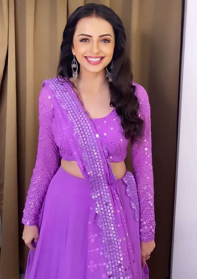 Lavender Embroidered Faux Georgette Lehenga Set for Diwali and Festive Wear - Indya
