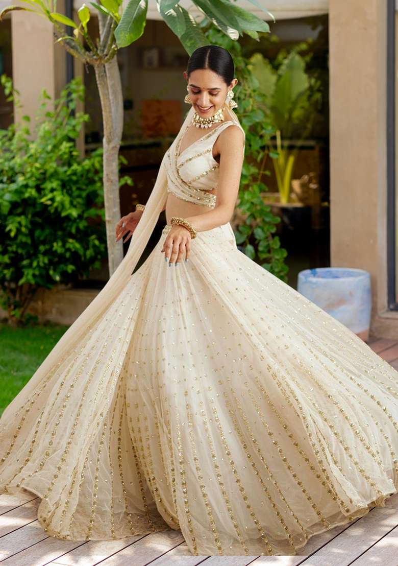 Off White Embroidered Georgette Lehenga Set for Diwali and Festive Wear - Indya