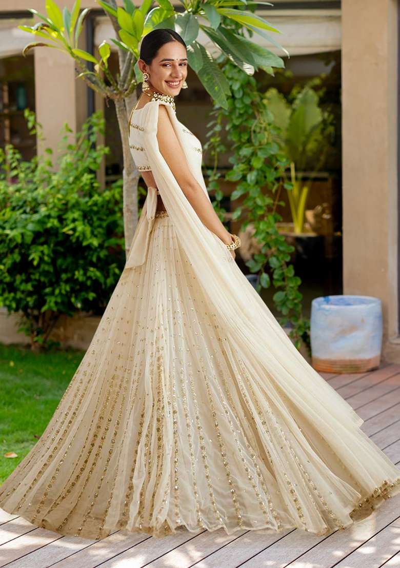 Off White Embroidered Georgette Lehenga Set for Diwali and Festive Wear - Indya