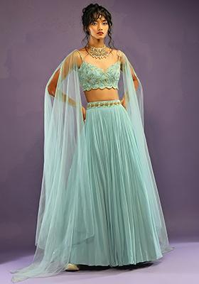 Turquoise Blue Embroidered Faux Georgette Lehenga Set