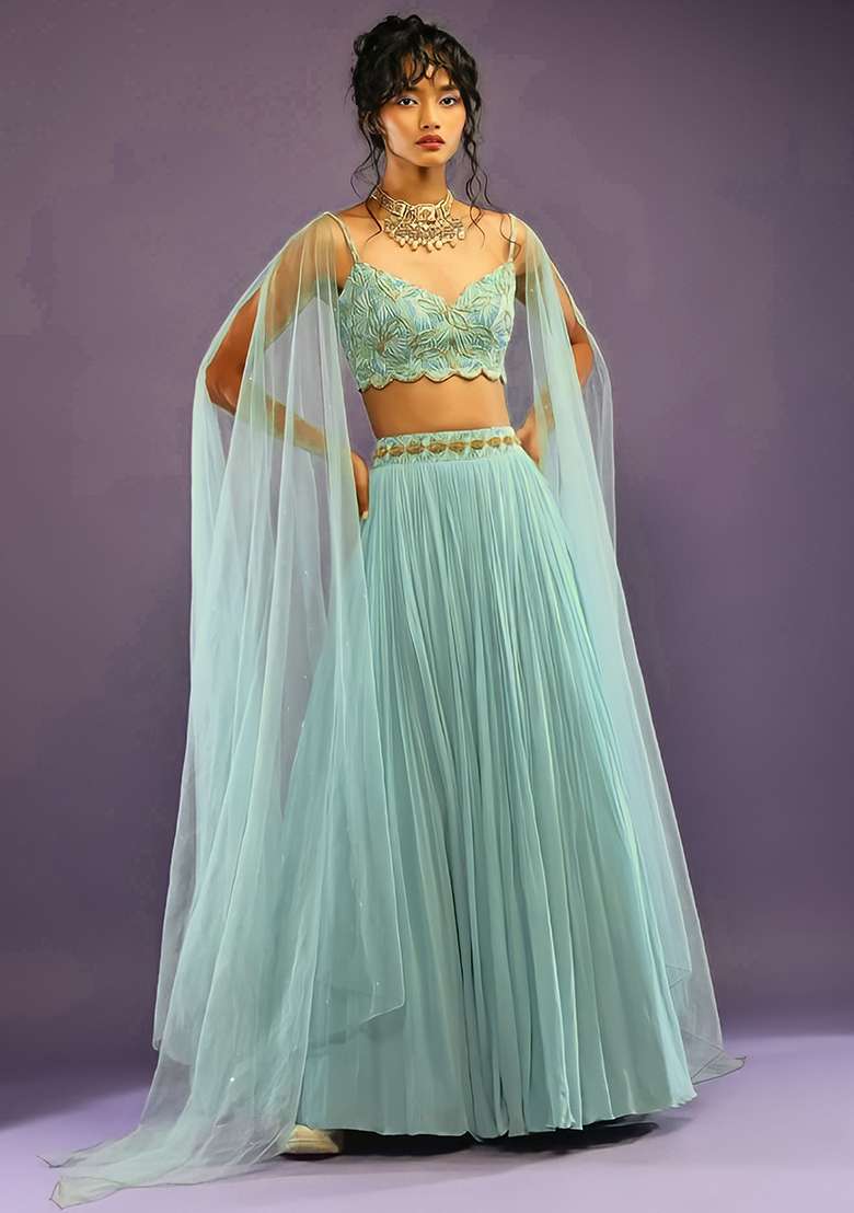 Turquoise Blue Embroidered Faux Georgette Lehenga Set for Diwali and Festive Wear - Indya