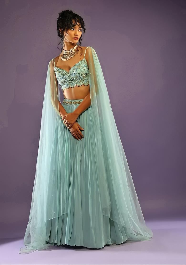Turquoise Blue Embroidered Faux Georgette Lehenga Set