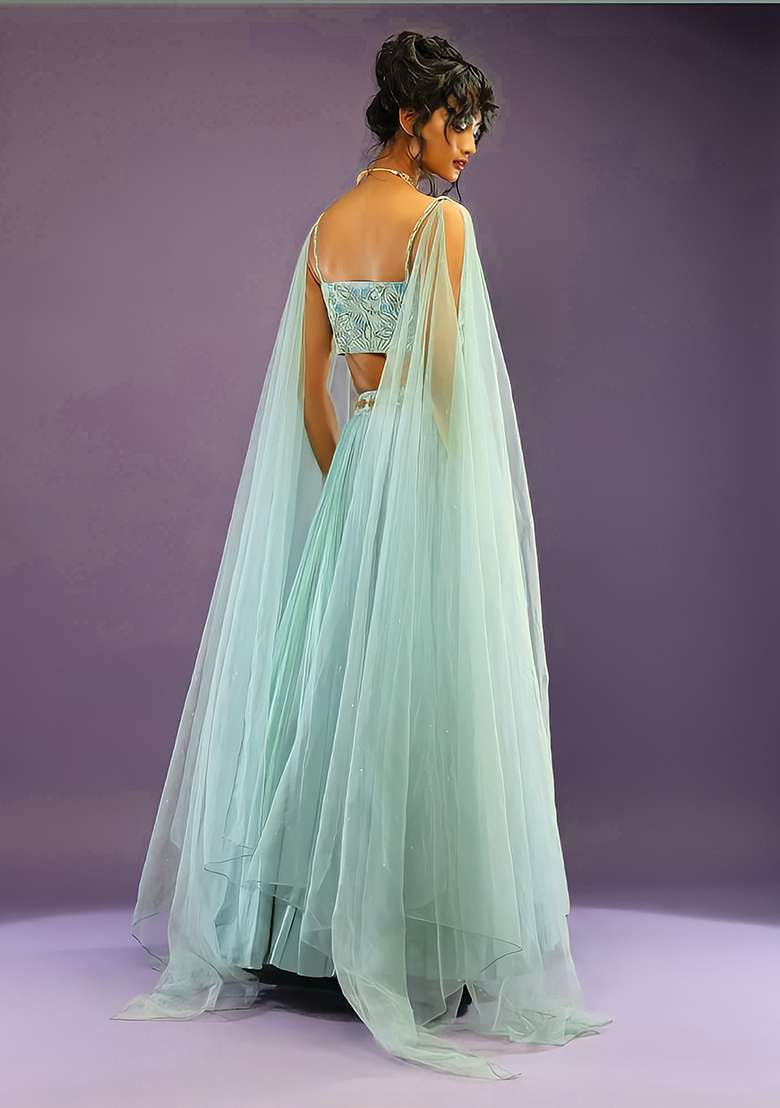Turquoise Blue Embroidered Faux Georgette Lehenga Set for Diwali and Festive Wear - Indya