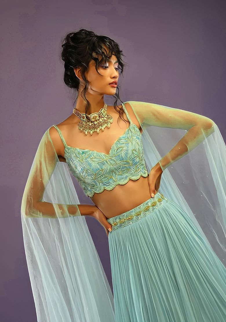Turquoise Blue Embroidered Faux Georgette Lehenga Set