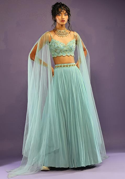Turquoise Blue Embroidered Faux Georgette Lehenga Set
