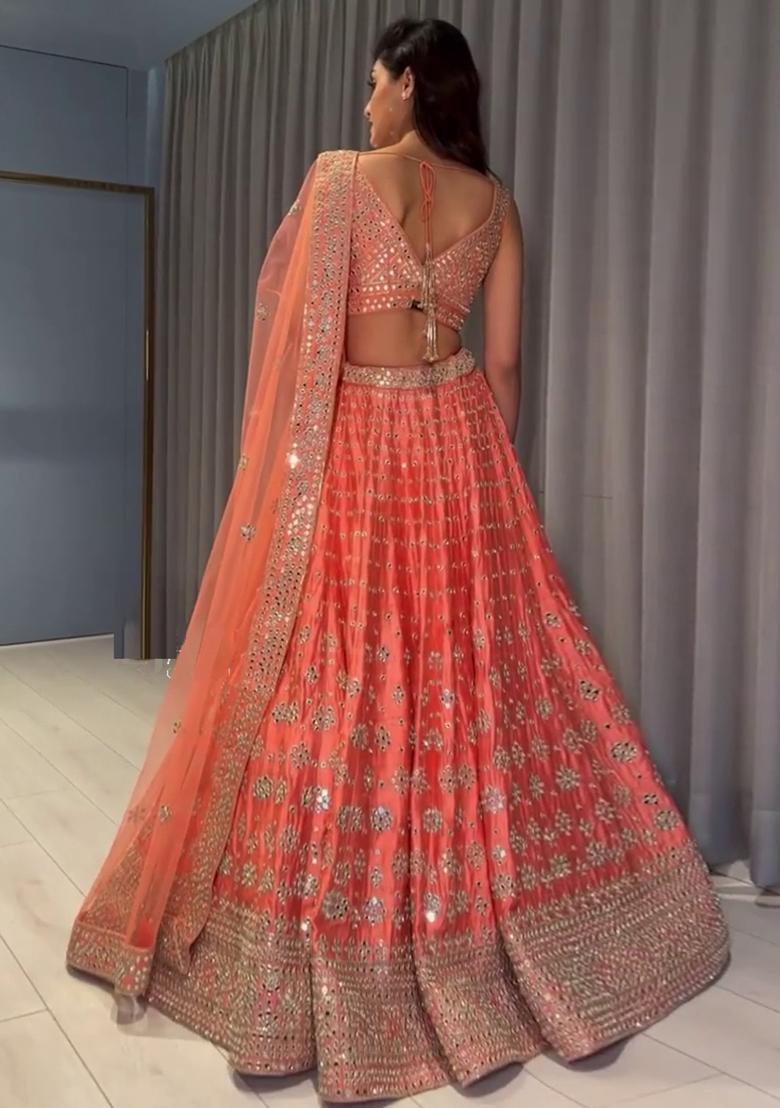 Orange Embroidered Silk Lehenga Set