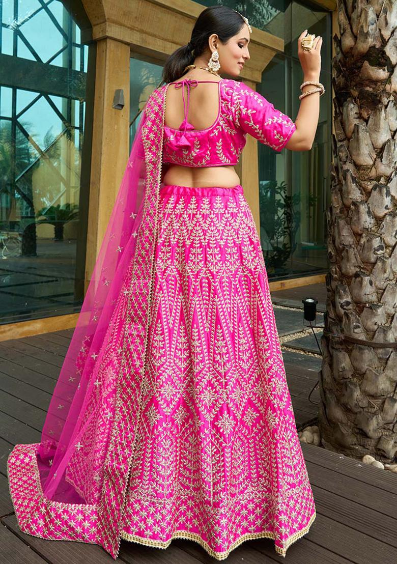 Pink Embroidered Malai Satin Silk Lehenga Set