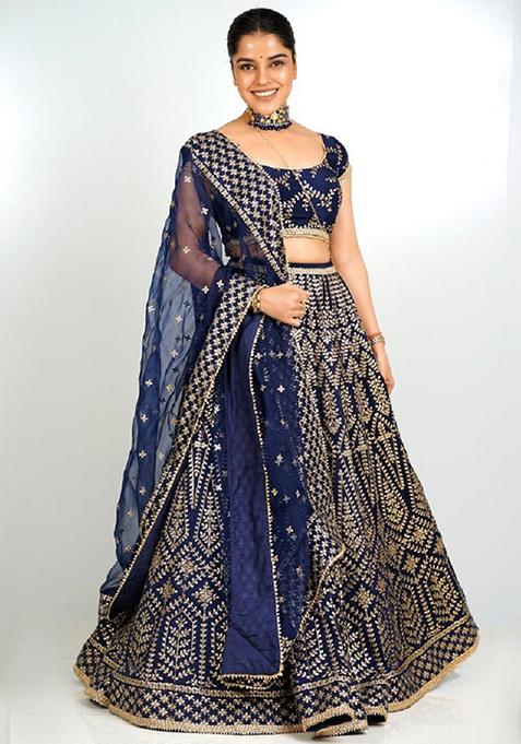 Blue Embroidered Malai Satin Silk Lehenga Set