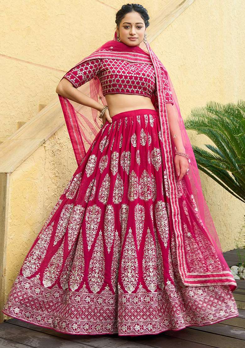 Cherry Red Faux Georgette Lehenga Set with Embroidered for Diwali | Wedding & Festive Wear - Indya