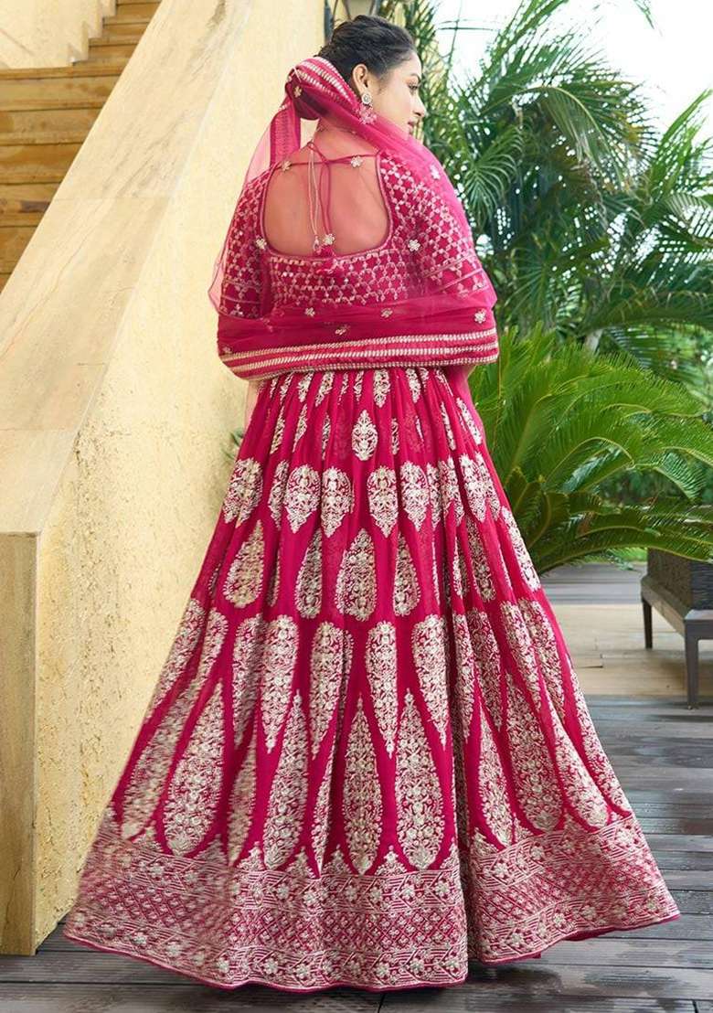 Cherry Red Faux Georgette Lehenga Set with Embroidered for Diwali | Wedding & Festive Wear - Indya