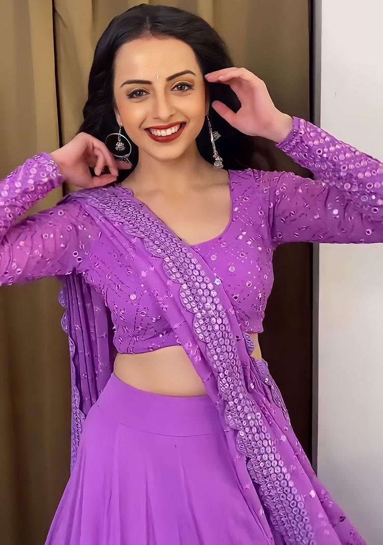 Lavender Embroidered Faux Georgette Lehenga Set