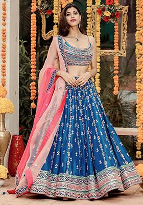 Blue Embroidered Chinon Lehenga Set