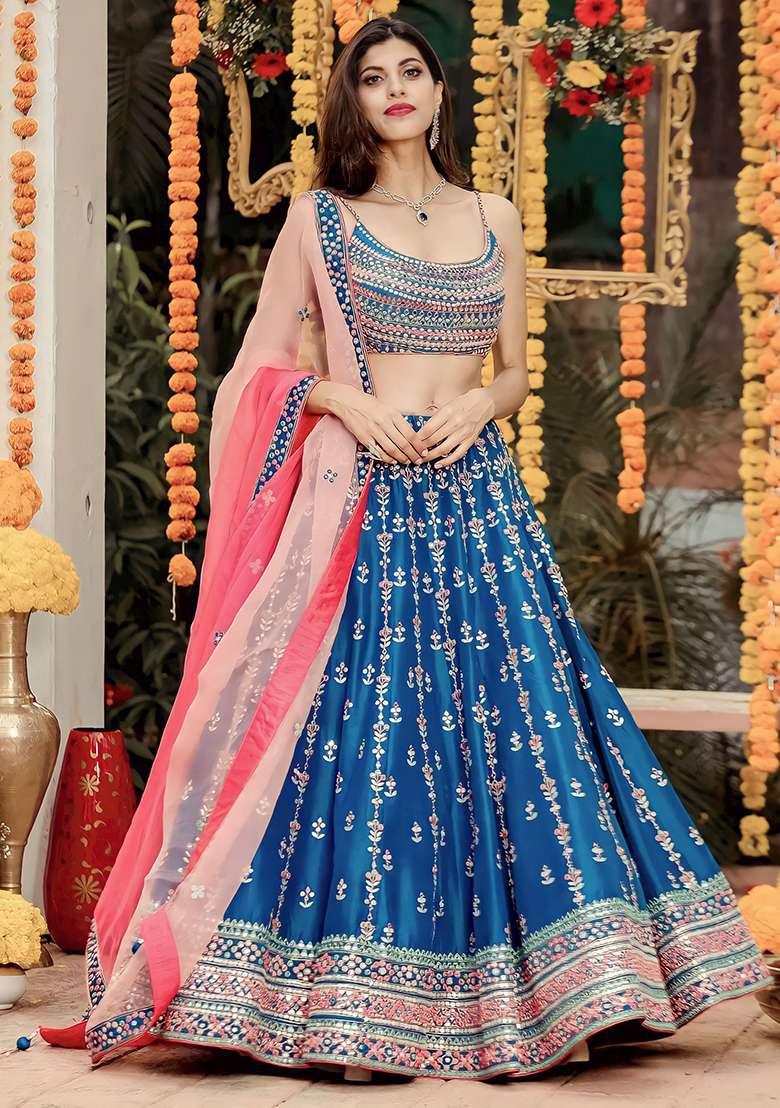 Blue Embroidered Chinon Lehenga Set for Diwali and Festive Wear - Indya