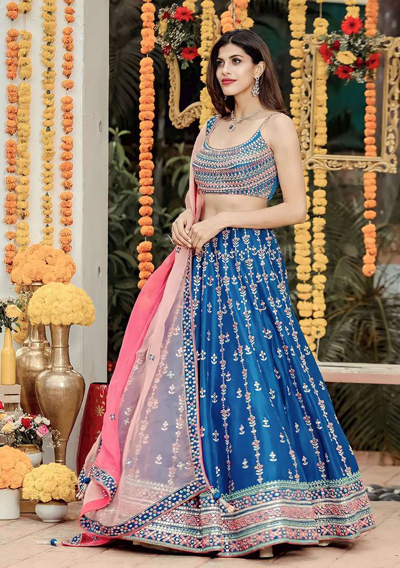 Blue Embroidered Chinon Lehenga Set for Diwali and Festive Wear - Indya
