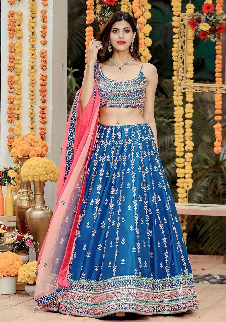 Blue Embroidered Chinon Lehenga Set for Diwali and Festive Wear - Indya