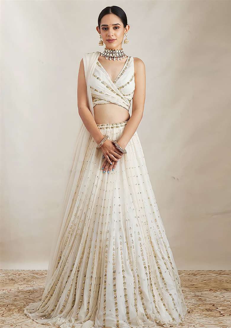 Off White Georgette Lehenga Set with Embroidered for Diwali | Wedding & Festive Wear - Indya