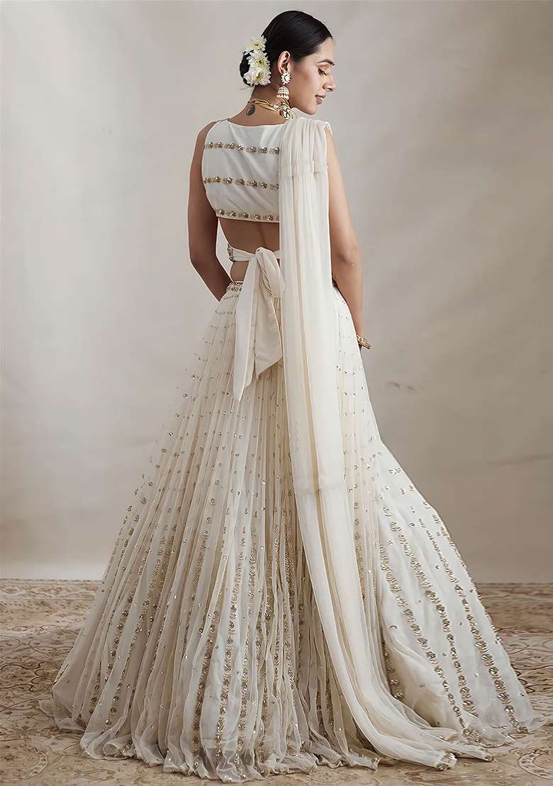 Off White Georgette Lehenga Set with Embroidered for Diwali | Wedding & Festive Wear - Indya