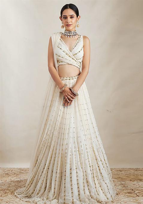 Off White Embroidered Georgette Lehenga Set