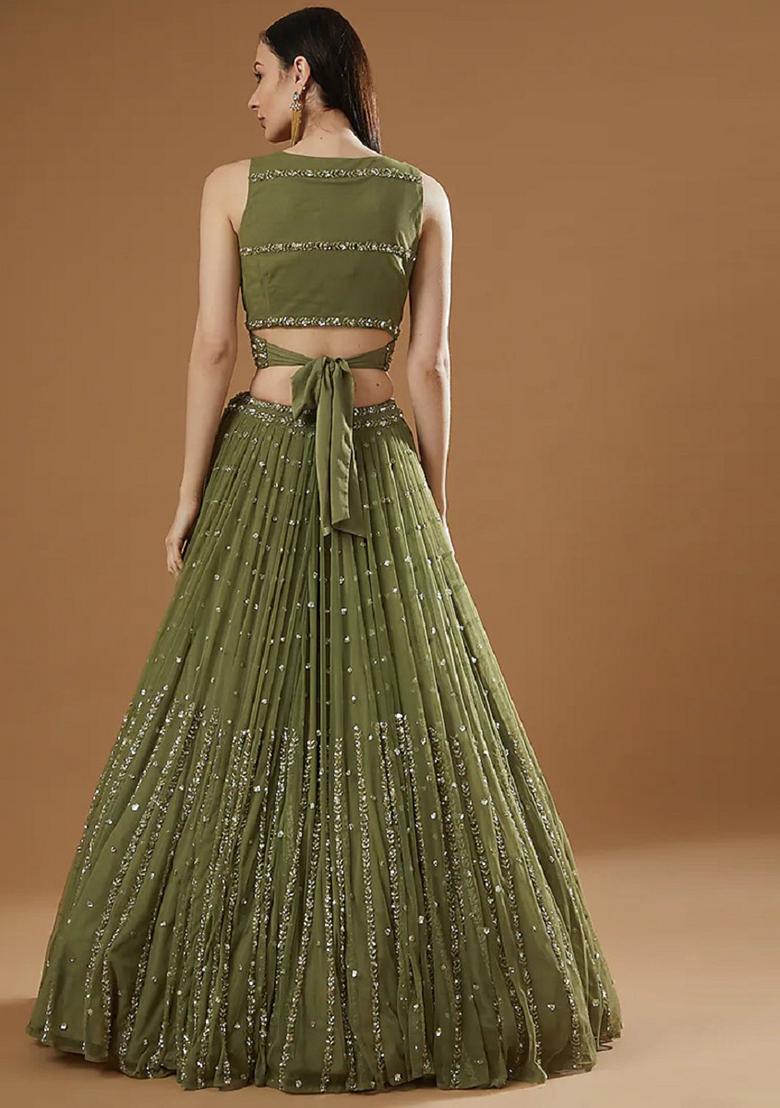 Olive Green Embroidered Georgette Lehenga Set