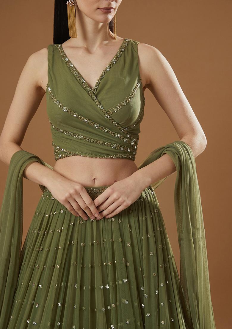 Olive Green Embroidered Georgette Lehenga Set