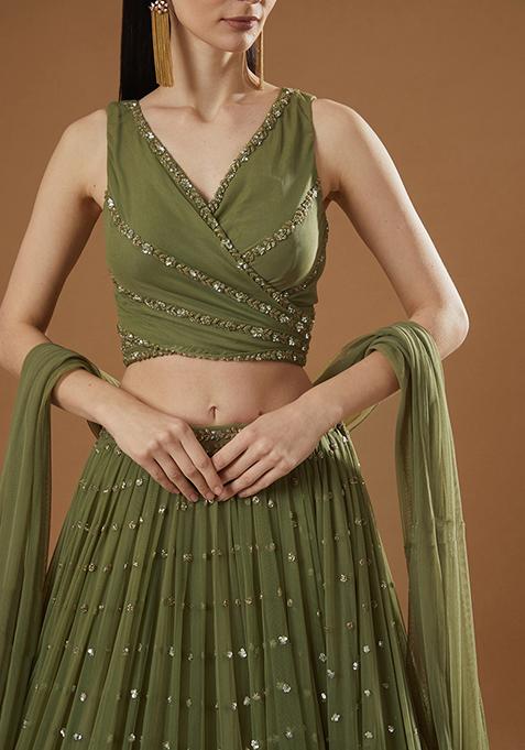 Olive Green Embroidered Georgette Lehenga Set