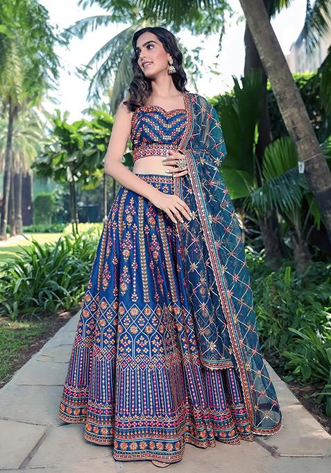 Blue Embroidered Chinon Lehenga Set