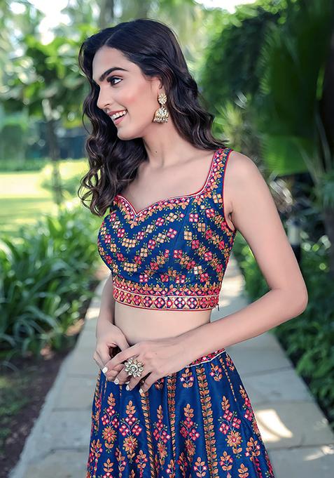 Blue Embroidered Chinon Lehenga Set