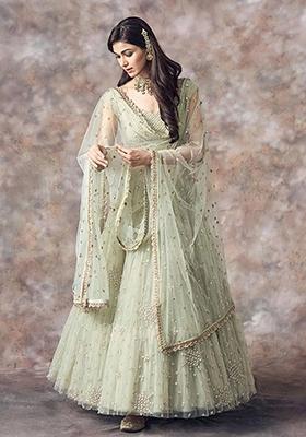 Aqua Green Embroidered Net Lehenga Set
