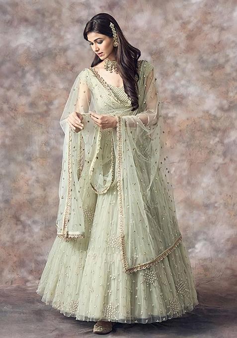 Aqua Green Embroidered Net Lehenga Set