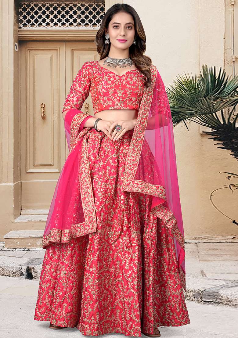 Cherry Red Embroidered Silk Blend Lehenga Set for Diwali and Festive Wear - Indya