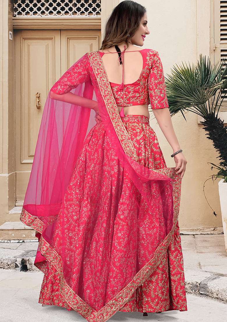 Cherry Red Embroidered Silk Blend Lehenga Set for Diwali and Festive Wear - Indya