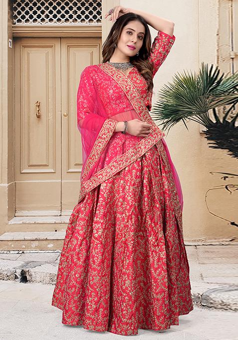 Cherry Red Embroidered Silk Lehenga Set