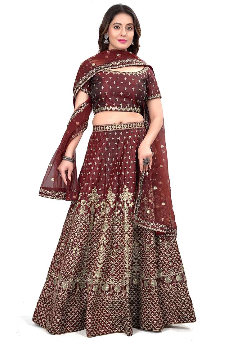 Maroon Taffeta Blend Satin Silk Lehenga Set with Embroidered for Diwali | Wedding & Festive Wear - Indya