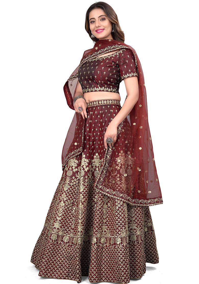 Maroon Embroidered Taffeta Satin Silk Lehenga Set